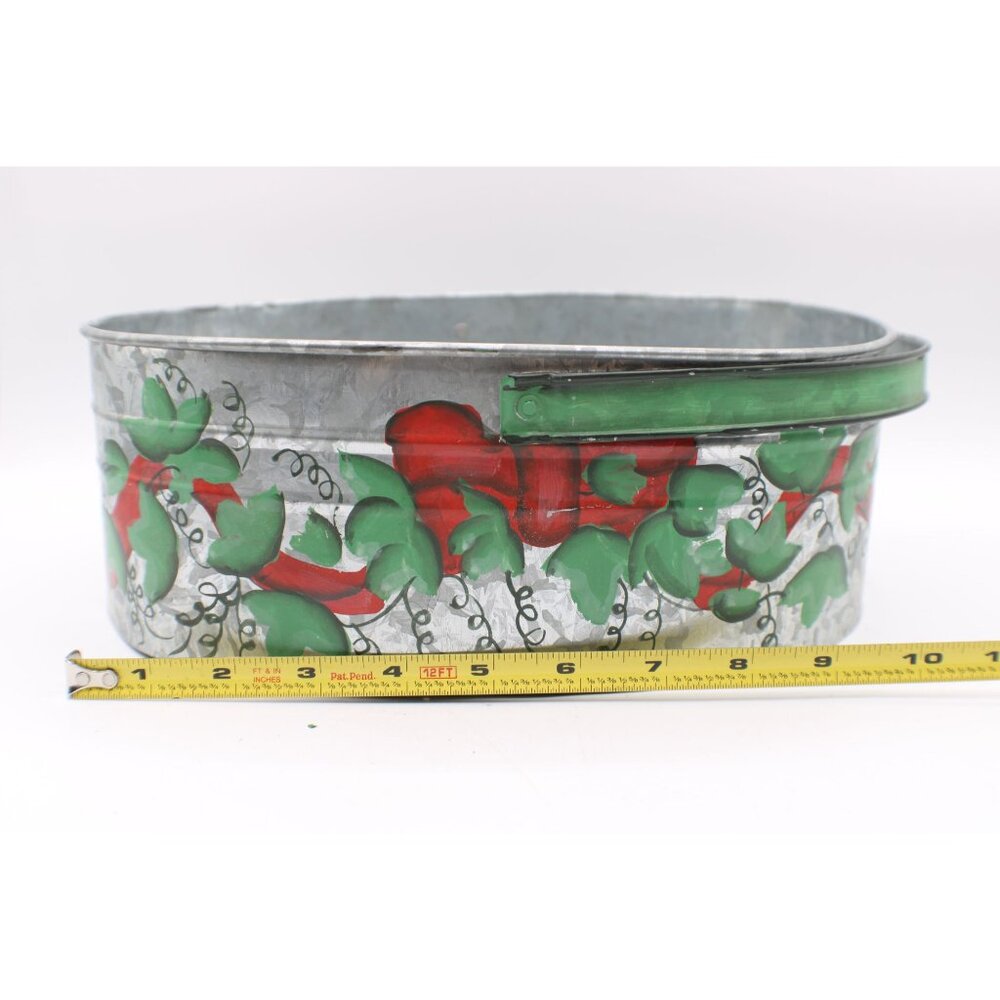 Hand-Painted Galvanized Tin Basket Handle Red Green Floral Design Decor Vintage - Picture 6 of 8